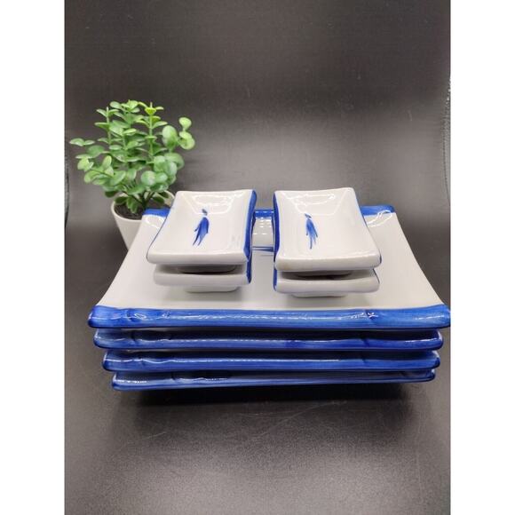 Japanese Traditional Porcelain Bamboo Plate Set Service of 4 ~ Blue & White - Picture 2 of 12